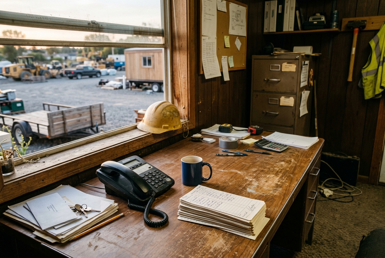 A desk piled with paper timecards next to a desk phone and a coffee mug.